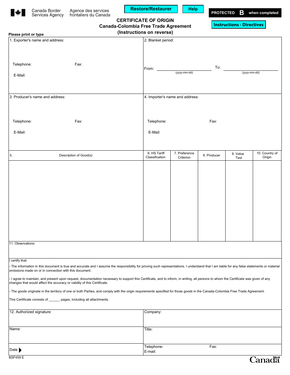 Form BSF459 Certificate of Origin - Canada-Colombia Free Trade Agreement - Canada, Page 1