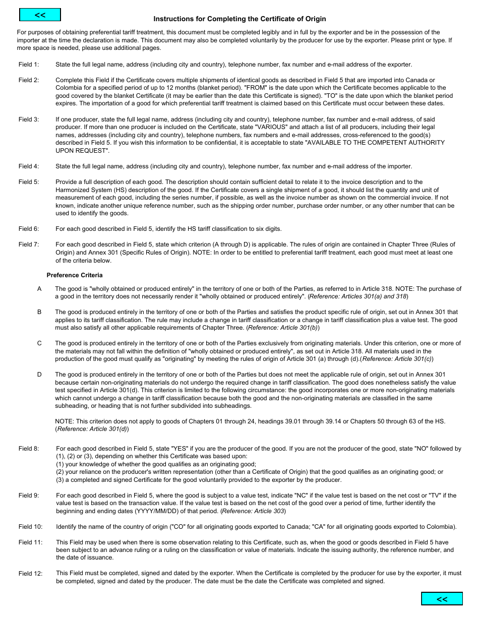 Form BSF459 Certificate of Origin - Canada-Colombia Free Trade Agreement - Canada, Page 2