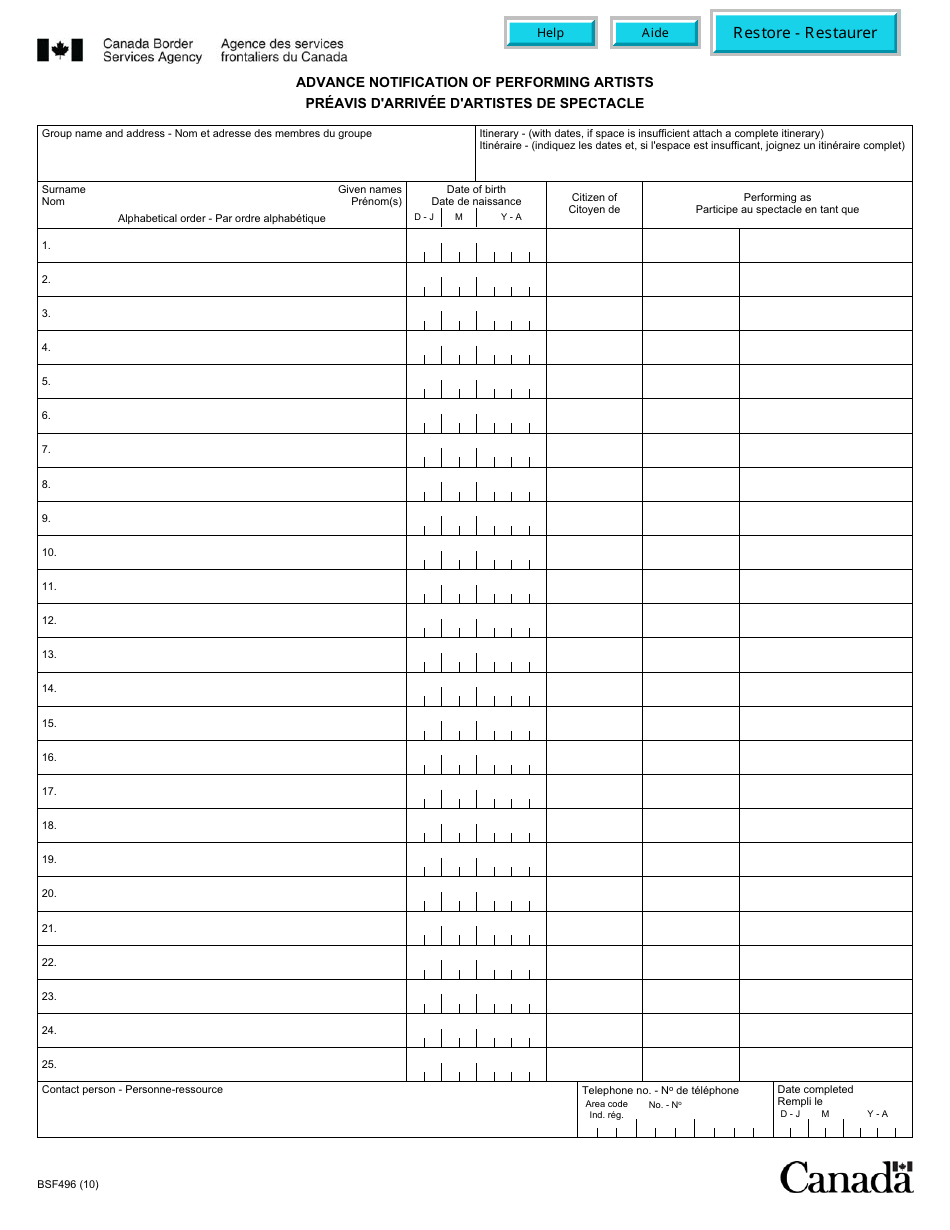 Form BSF496 Advance Notification of Performing Artists - Canada (English / French), Page 1