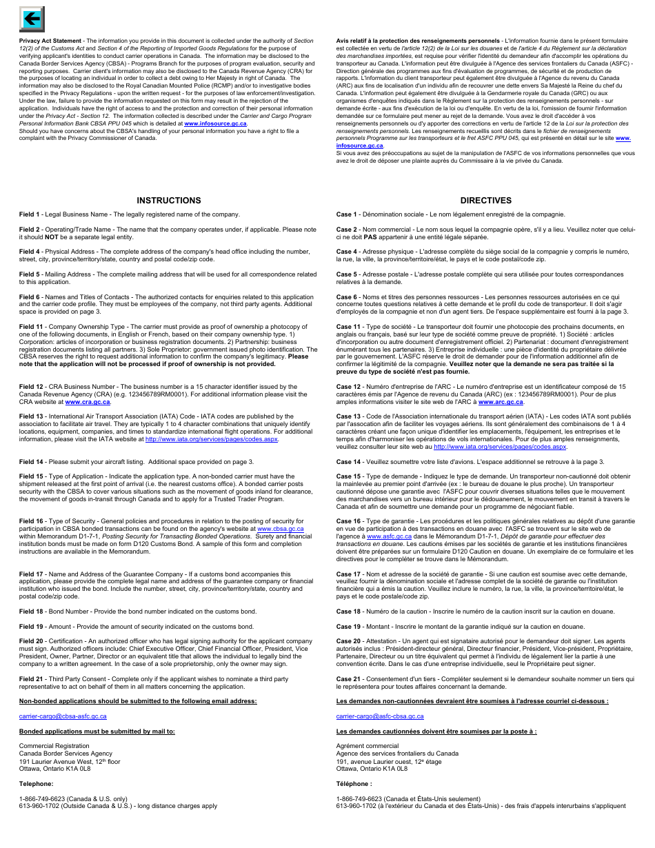 Form BSF329-1 Application to Transact Air Operations With the Canada Border Services Agency - Canada (English / French), Page 2