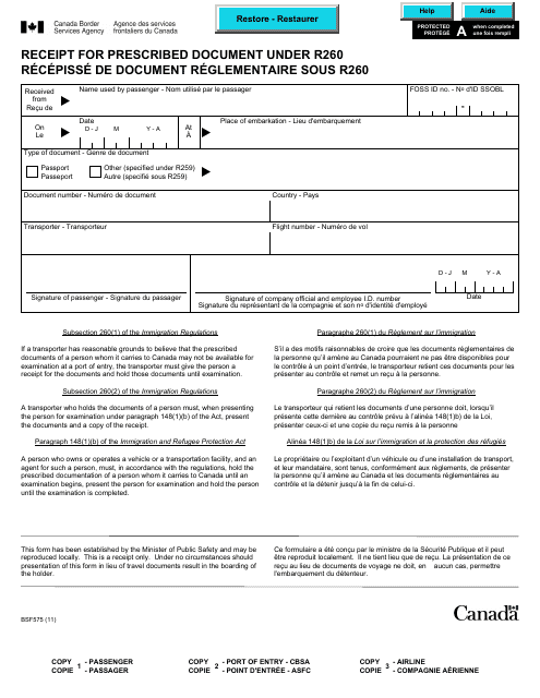Form BSF575 Receipt for Prescribed Document Under R260 - Canada (English/French)
