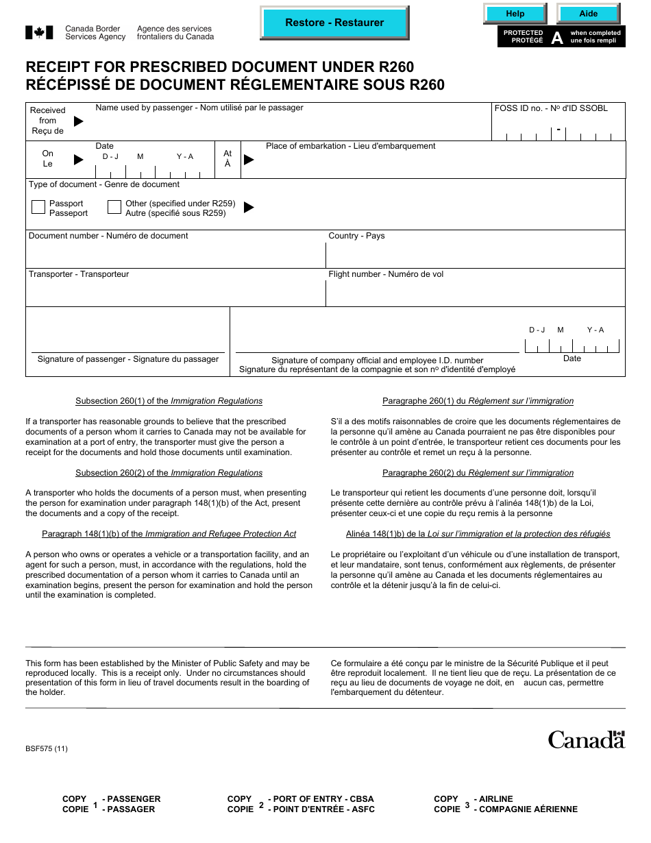 Form BSF575 Receipt for Prescribed Document Under R260 - Canada (English / French), Page 1