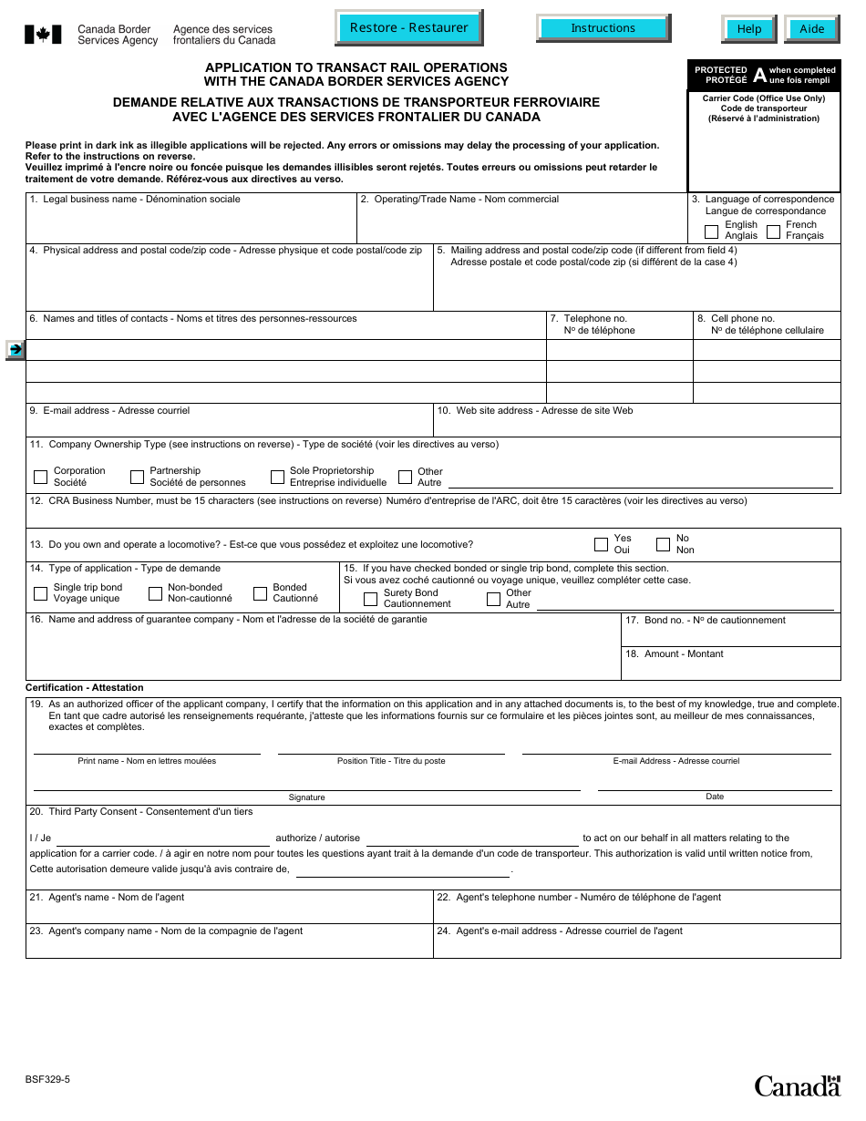 Form BSF329-5 Application to Transact Rail Operations With the Canada Border Services Agency - Canada, Page 1