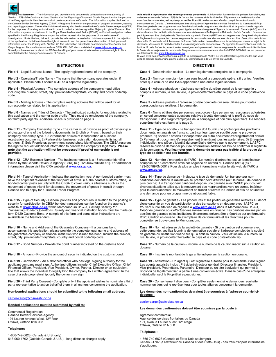 Form BSF329-5 Application to Transact Rail Operations With the Canada Border Services Agency - Canada, Page 2