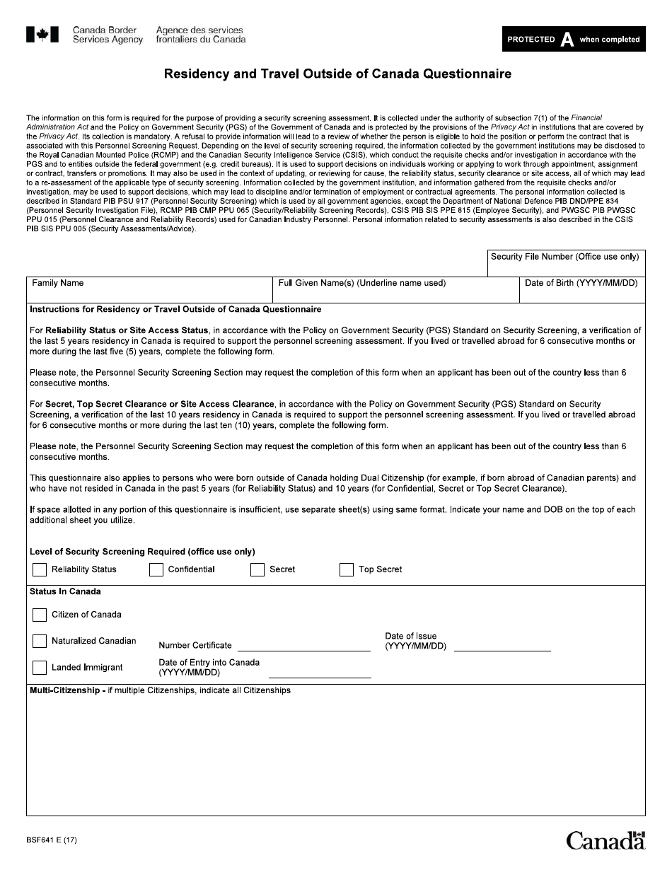 Form BSF641 Residency and Travel Outside of Canada Questionnaire - Canada, Page 1