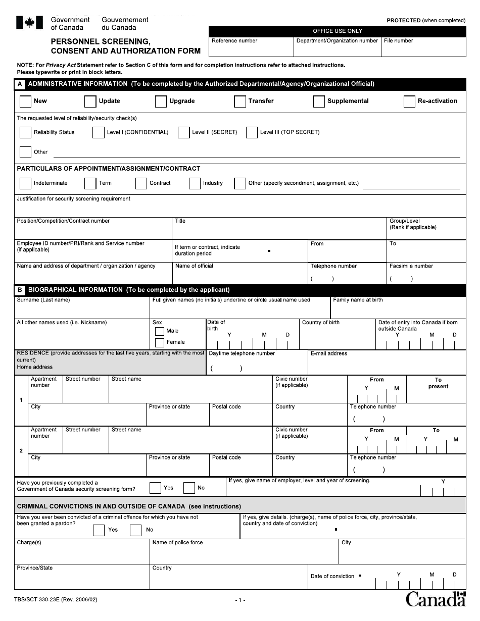 Form TBS / SCT330-23E Personnel Screening, Consent and Authorization Form - Canada, Page 1