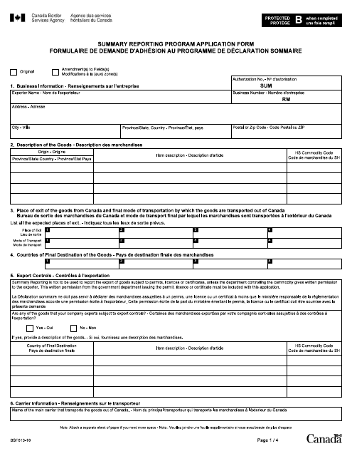Form BSF613 Summary Reporting Program Application Form - Canada