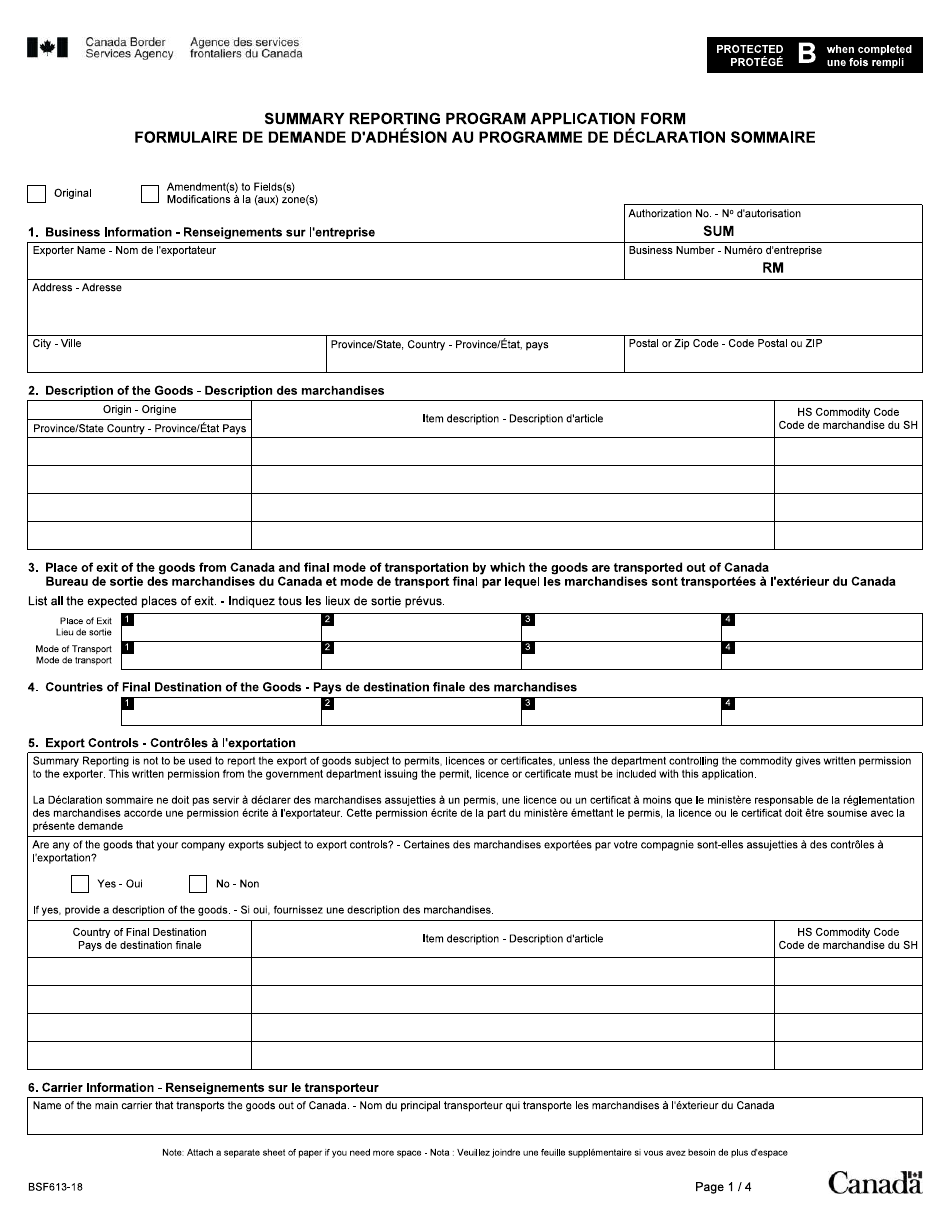 Form BSF613 Summary Reporting Program Application Form - Canada, Page 1