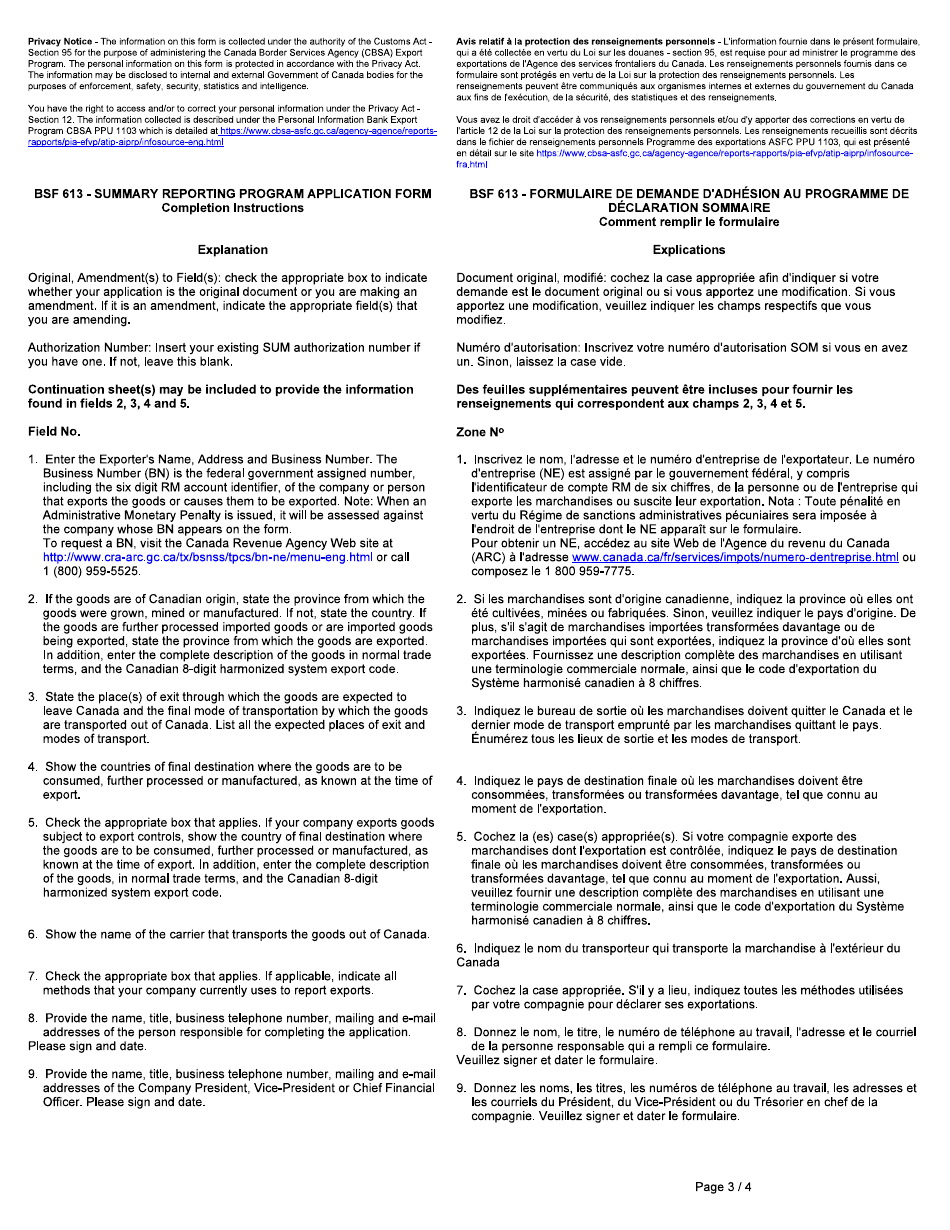 Form BSF613 Summary Reporting Program Application Form - Canada, Page 3