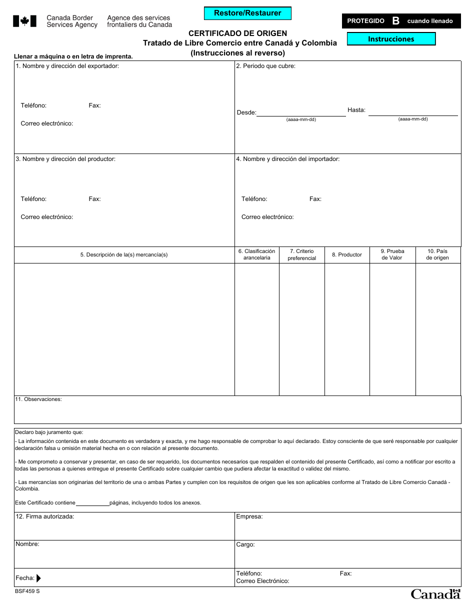 Formulario BSF459 S Certificado De Origen - Tratado De Libre Comercio Entre Canada Y Colombia - Canada (Spanish), Page 1