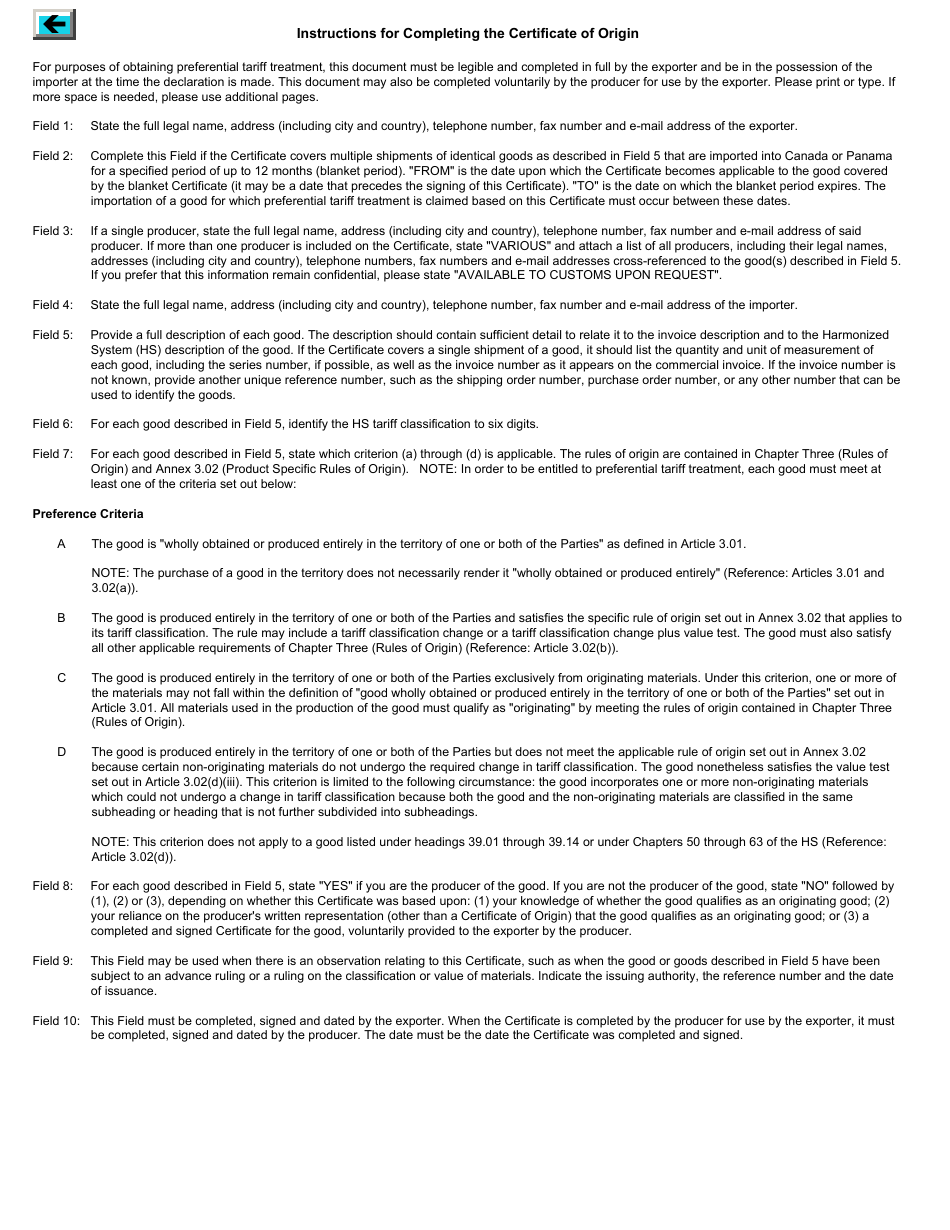 Form BSF631 Certificate of Origin - Free Trade Agreement Between Canada and the Republic of Panama - Canada, Page 2
