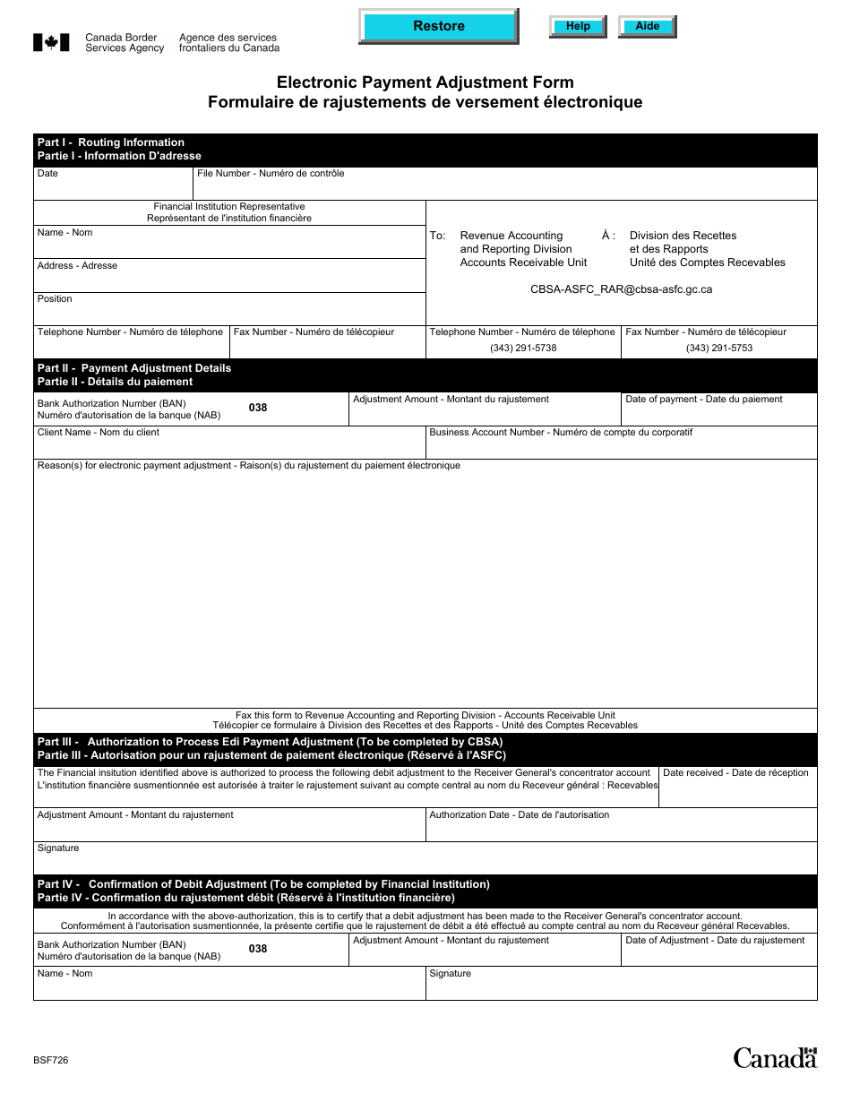 Form BSF726 Electronic Payment Adjustment Form - Canada (English / French), Page 1