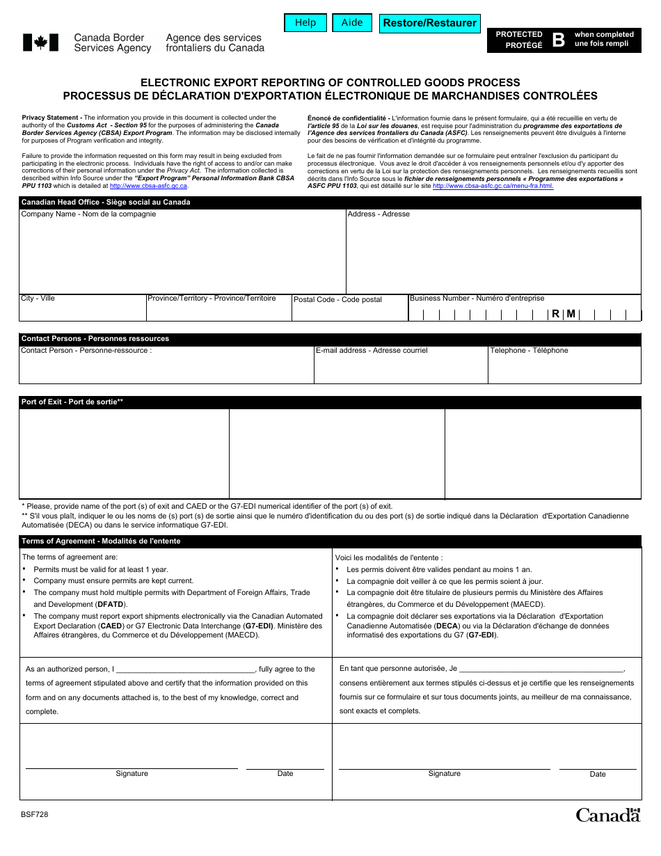 Form BSF728 Electronic Export Reporting of Controlled Goods Process - Canada (English / French), Page 1