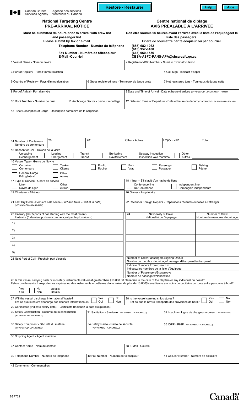 Form BSF732 National Targeting Centre - Pre-arrival Notice - Canada (English / French), Page 1