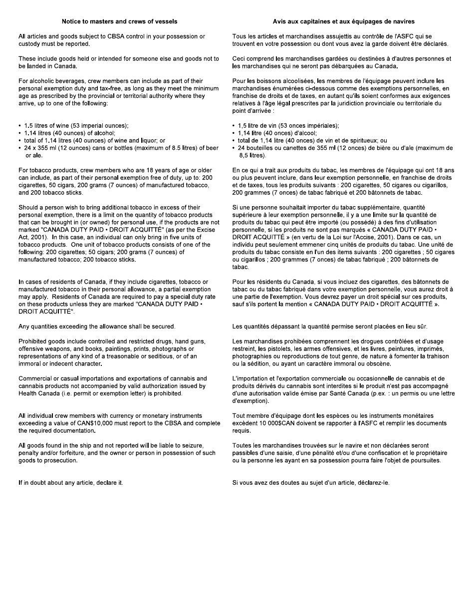 Form BSF552 Crews Effects Declaration - Canada (English / French), Page 2