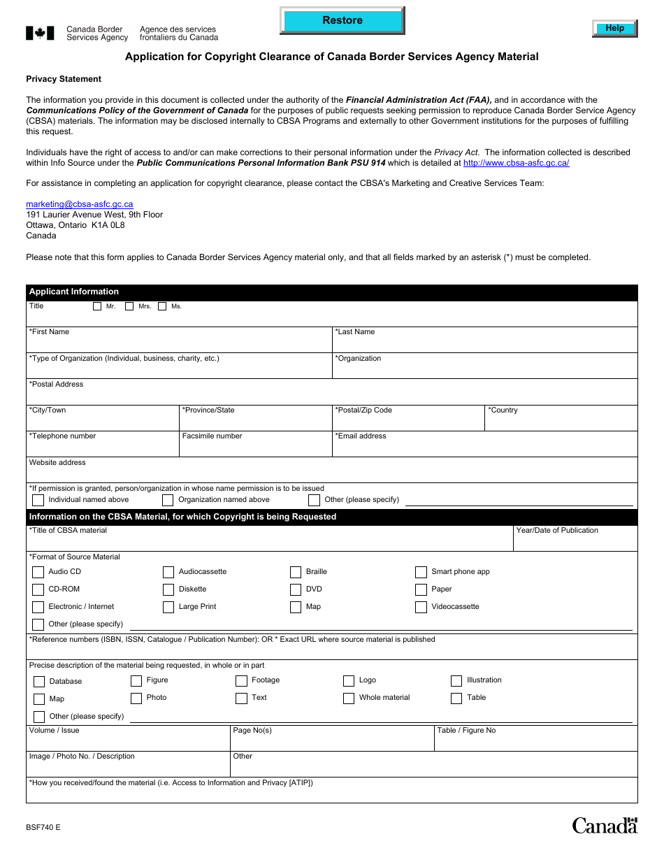 Form BSF740 Application for Copyright Clearance of Canada Border Services Agency Material - Canada, Page 1