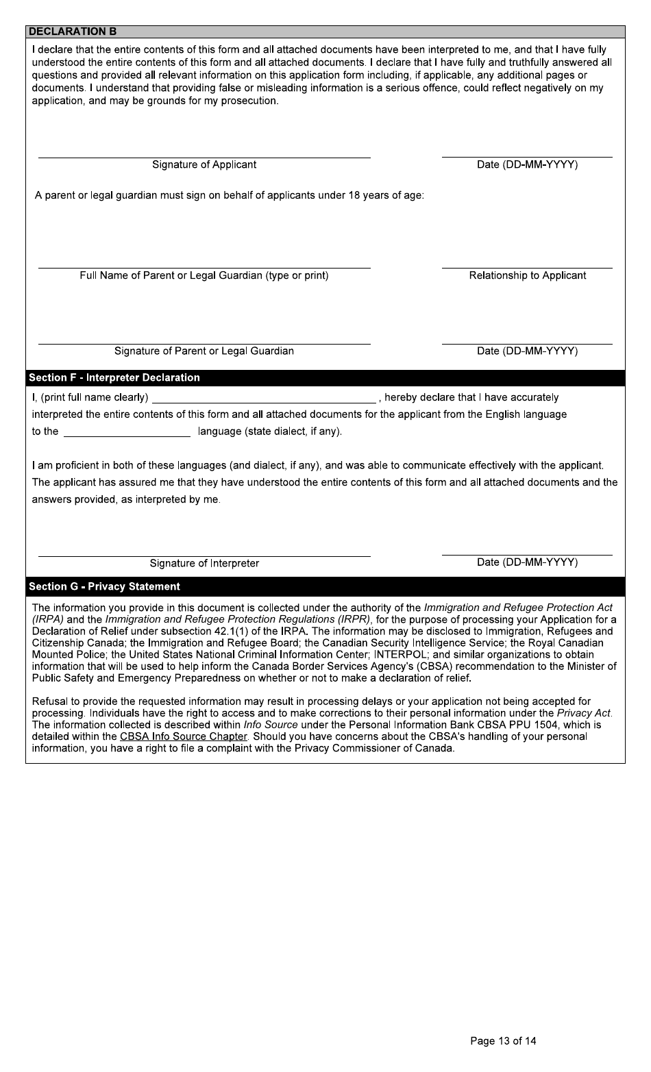 Form BSF766 Application for a Declaration of Relief Under Subsection 42.1(1) of the Immigration and Refugee Protection Act (Irpa) - Canada, Page 13