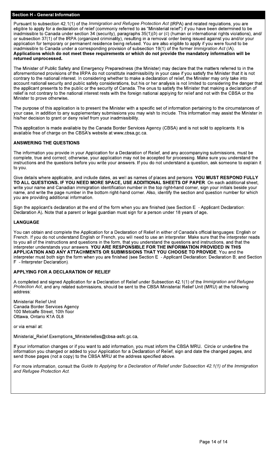 Form BSF766 Application for a Declaration of Relief Under Subsection 42.1(1) of the Immigration and Refugee Protection Act (Irpa) - Canada, Page 14