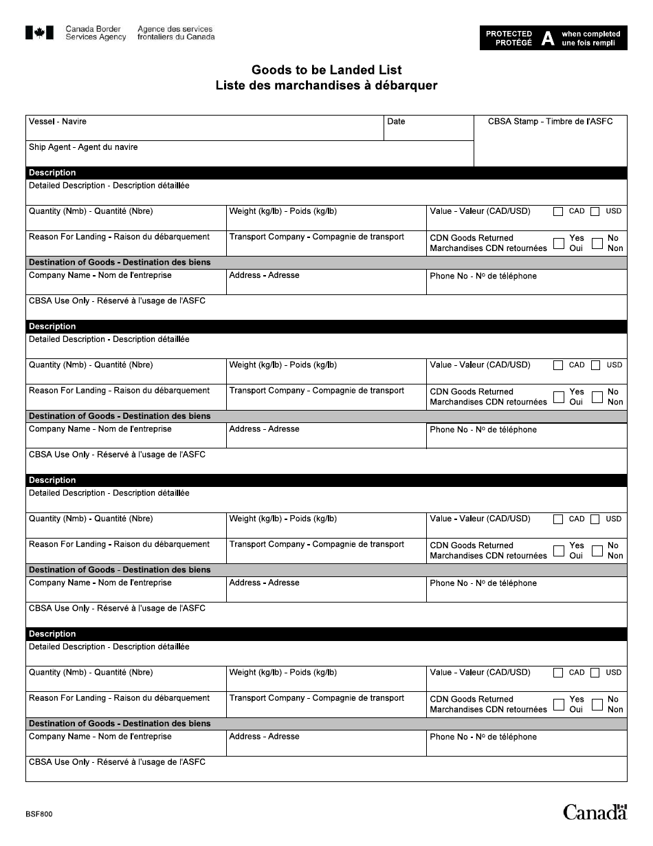 Form BSF800 Goods to Be Landed List - Canada (English / French), Page 1