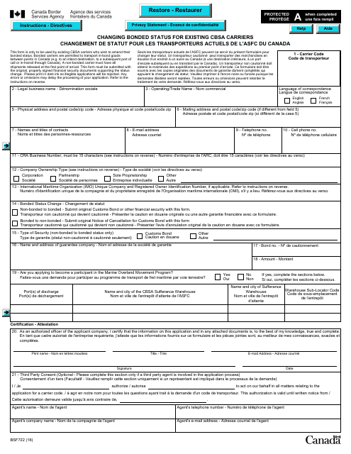 Form BSF722  Printable Pdf