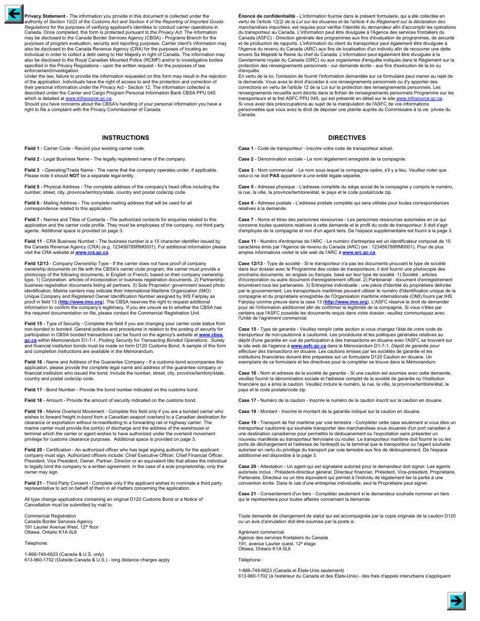 Form BSF722 Changing Bonded Status for Existing Cbsa Carriers - Canada (English / French), Page 2