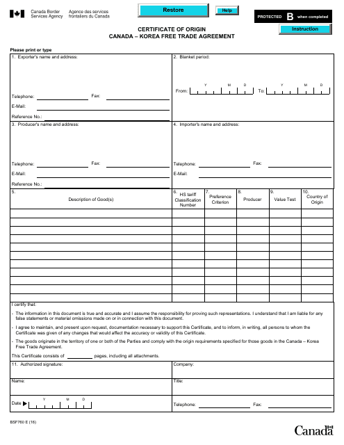 Form BSF760 Download Fillable PDF or Fill Online Certificate of Origin