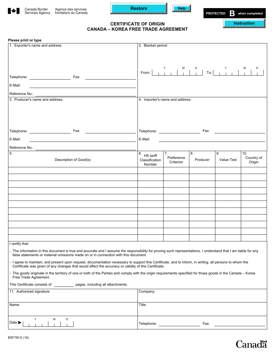 Form BSF760 Certificate of Origin: Canada - Korea Free Trade Agreement - Canada, Page 1
