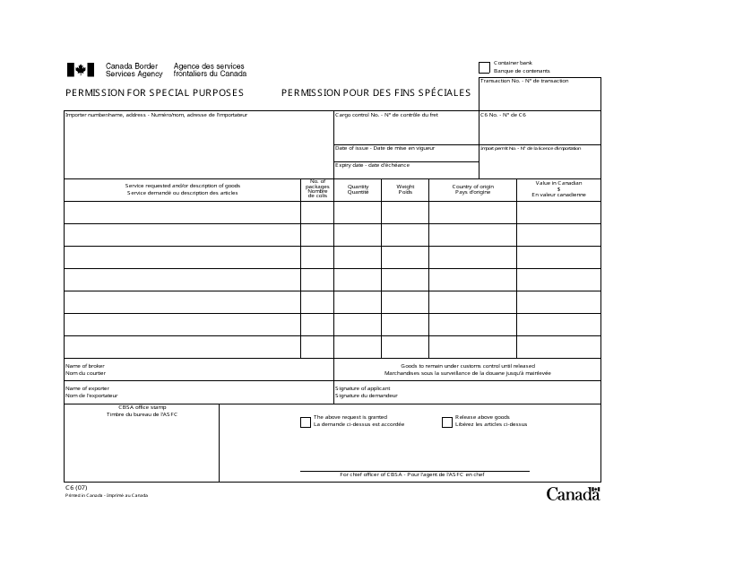 Form C6 Permission for Special Purposes - Canada (English/French)