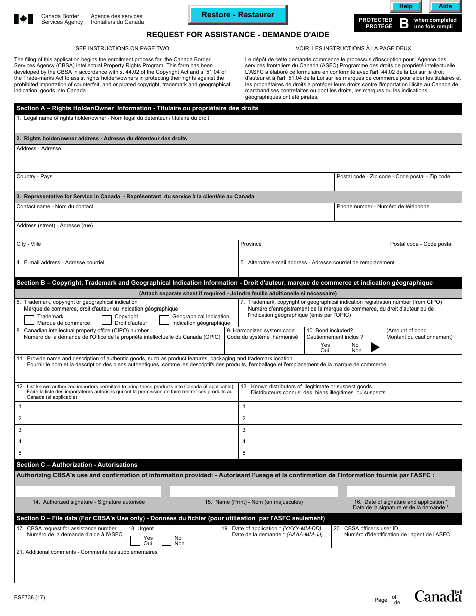 Form BSF738 Request for Assistance - Canada (English / French), Page 1