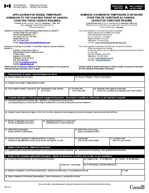Form C47 Application for Vessel Temporary Admission to the Coasting Trade of Canada - Canada (English/French)