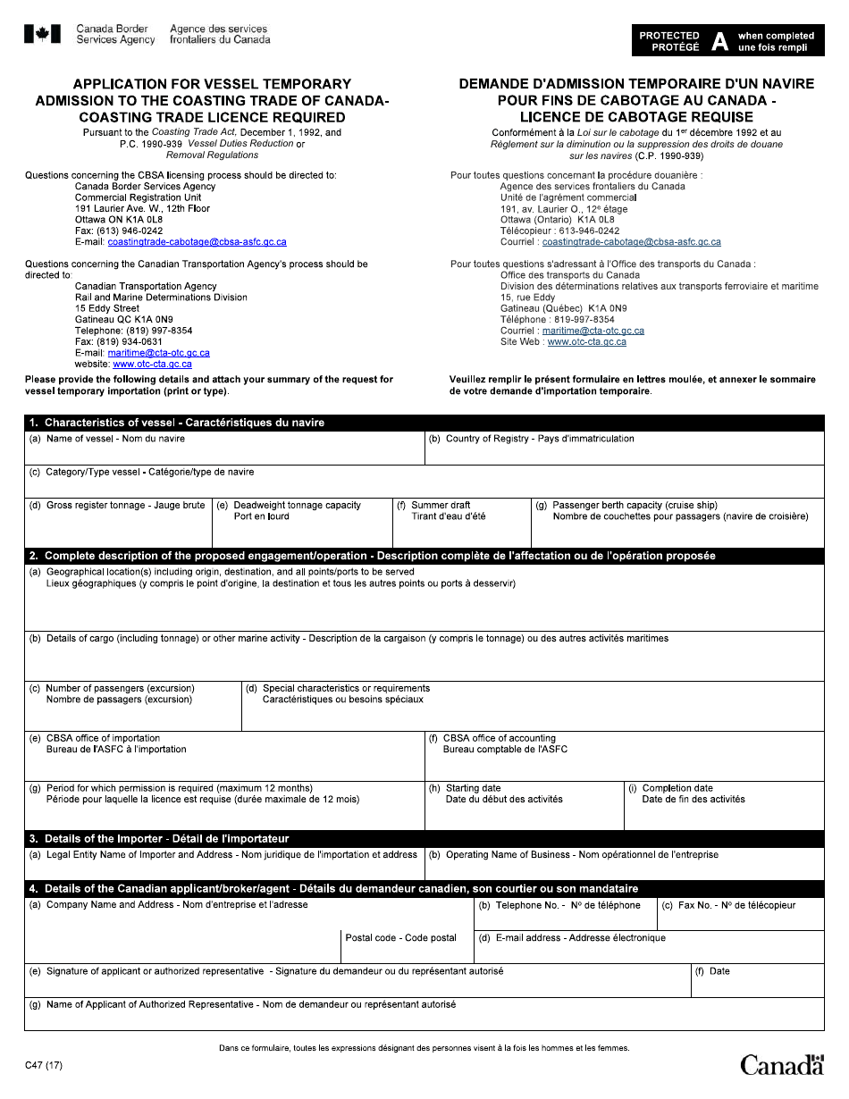 Form C47 Application for Vessel Temporary Admission to the Coasting Trade of Canada - Canada (English / French), Page 1