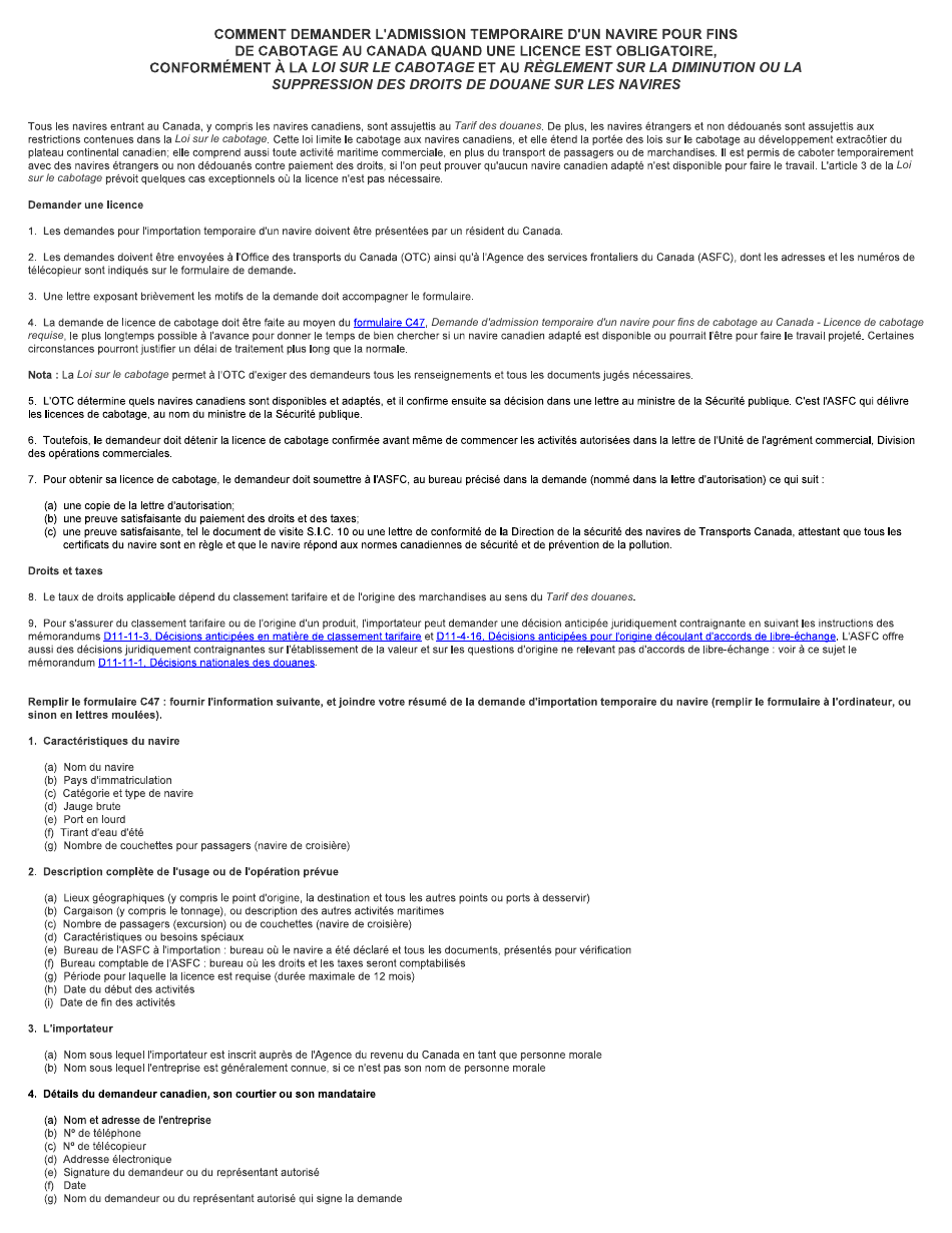 Form C47 Application for Vessel Temporary Admission to the Coasting Trade of Canada - Canada (English / French), Page 3