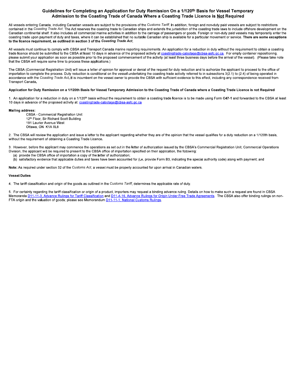 Form C47-1 Application for Duty Remission on a 1 / 120th Basis for Vessel Temporary Admission to the Coasting Trade of Canada Where a Coasting Trade Licence Is Not Required - Canada (English / French), Page 3