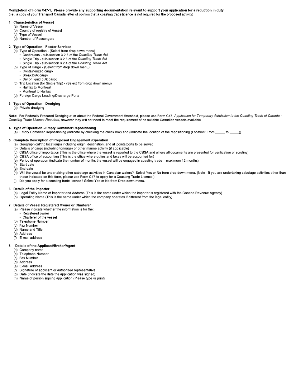 Form C47-1 Application for Duty Remission on a 1 / 120th Basis for Vessel Temporary Admission to the Coasting Trade of Canada Where a Coasting Trade Licence Is Not Required - Canada (English / French), Page 4
