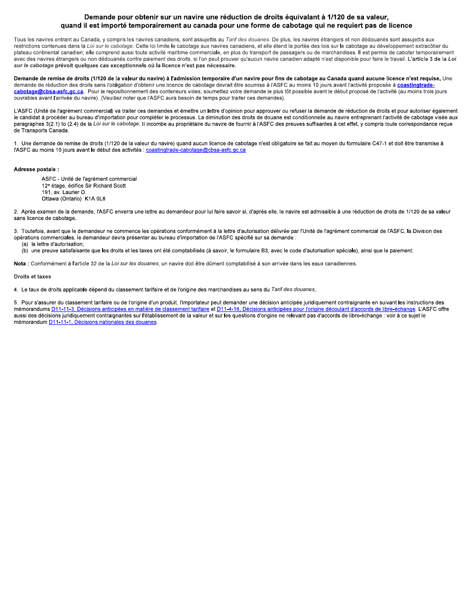 Form C47-1 Application for Duty Remission on a 1 / 120th Basis for Vessel Temporary Admission to the Coasting Trade of Canada Where a Coasting Trade Licence Is Not Required - Canada (English / French), Page 5