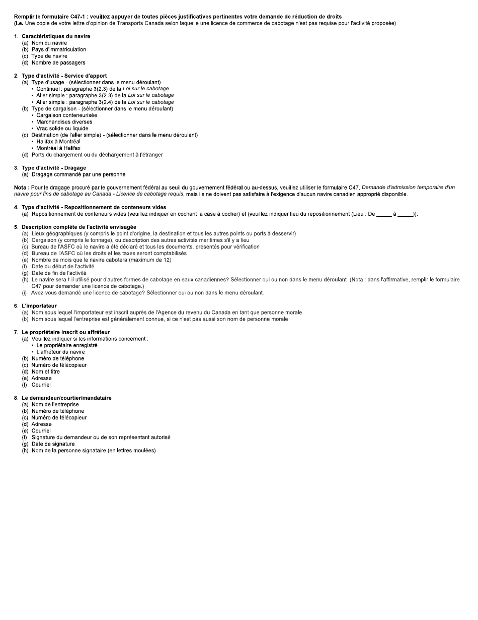 Form C47-1 Application for Duty Remission on a 1 / 120th Basis for Vessel Temporary Admission to the Coasting Trade of Canada Where a Coasting Trade Licence Is Not Required - Canada (English / French), Page 6