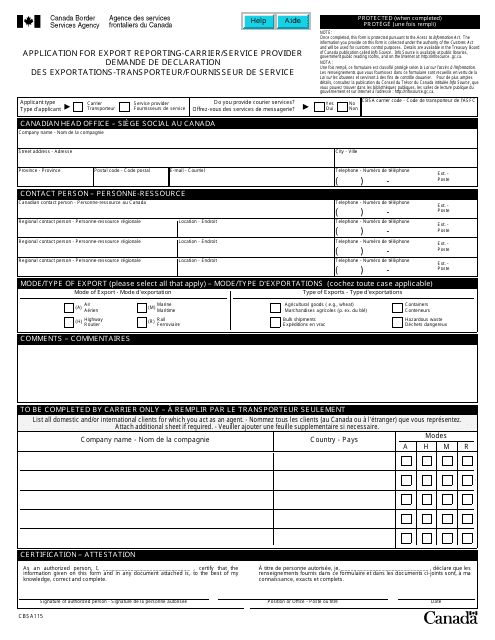 Form CBSA115 Application for Export Reporting-Carrier/Service Provider - Canada (English/French)