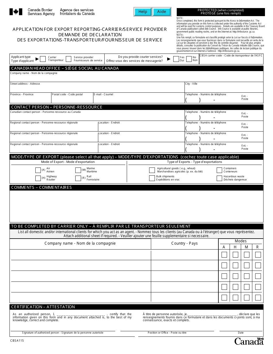 Form CBSA115 Fill Out, Sign Online and Download Fillable PDF, Canada