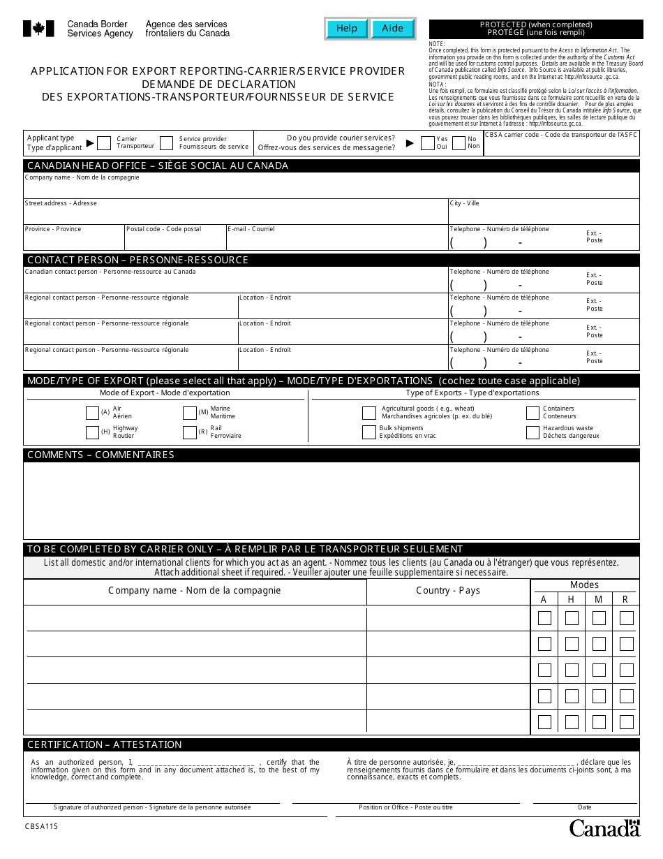 Form CBSA115 Application for Export Reporting-Carrier / Service Provider - Canada (English / French), Page 1