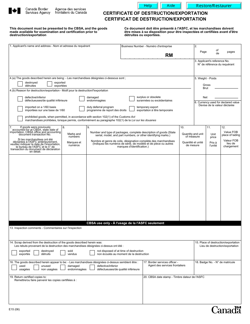 Form E15 Certificate of Destruction / Exportation - Canada (English / French), Page 1