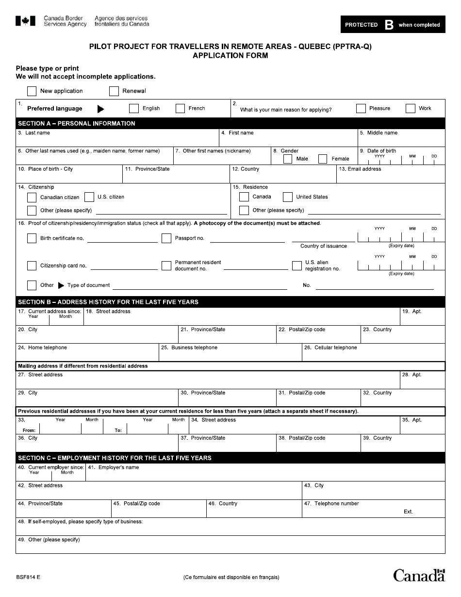 Form BSF814 Pilot Project for Travellers in Remote Areas - Quebec (Pptra-Q) Application Form - Canada, Page 1