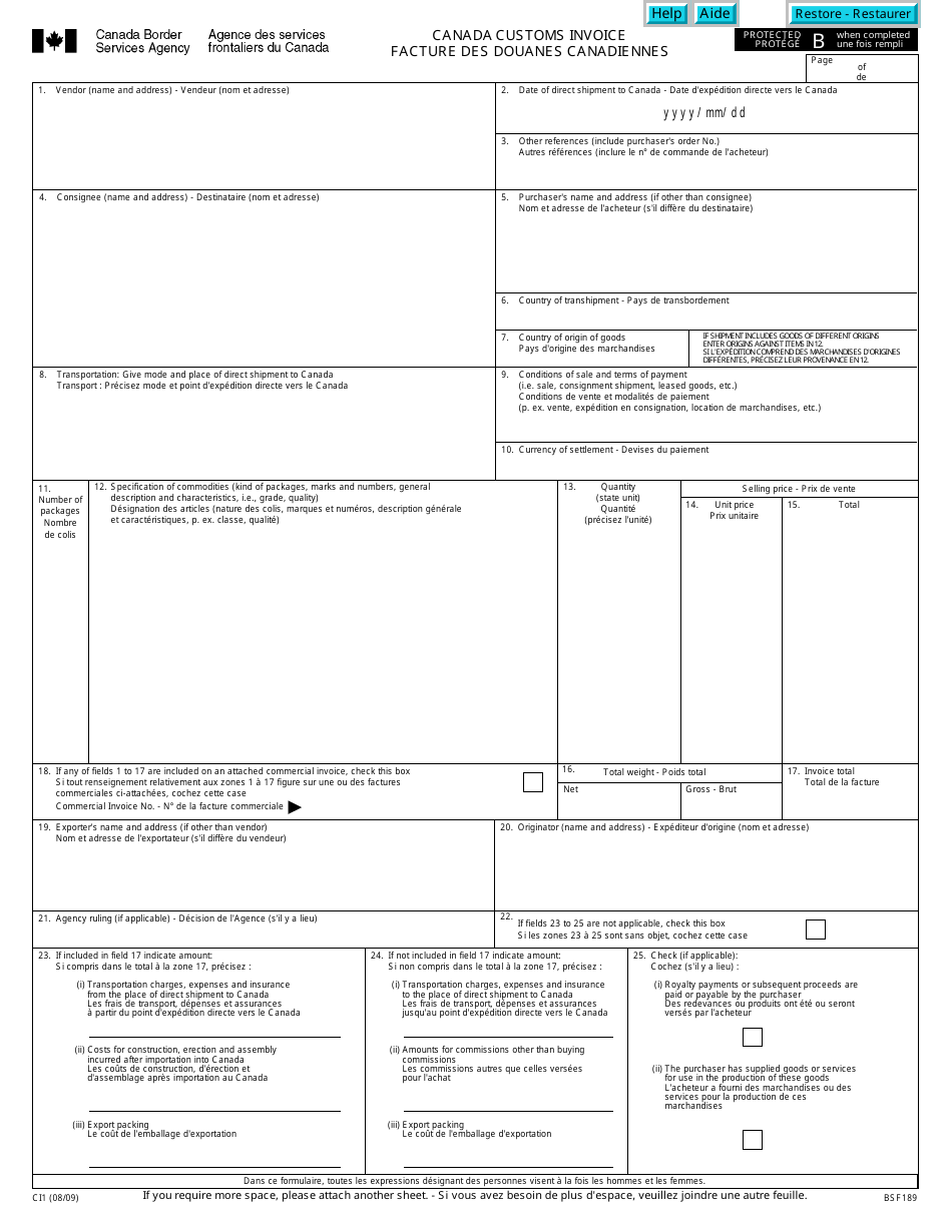 Form CI1 Canada Customs Invoice - Canada (English / French), Page 1