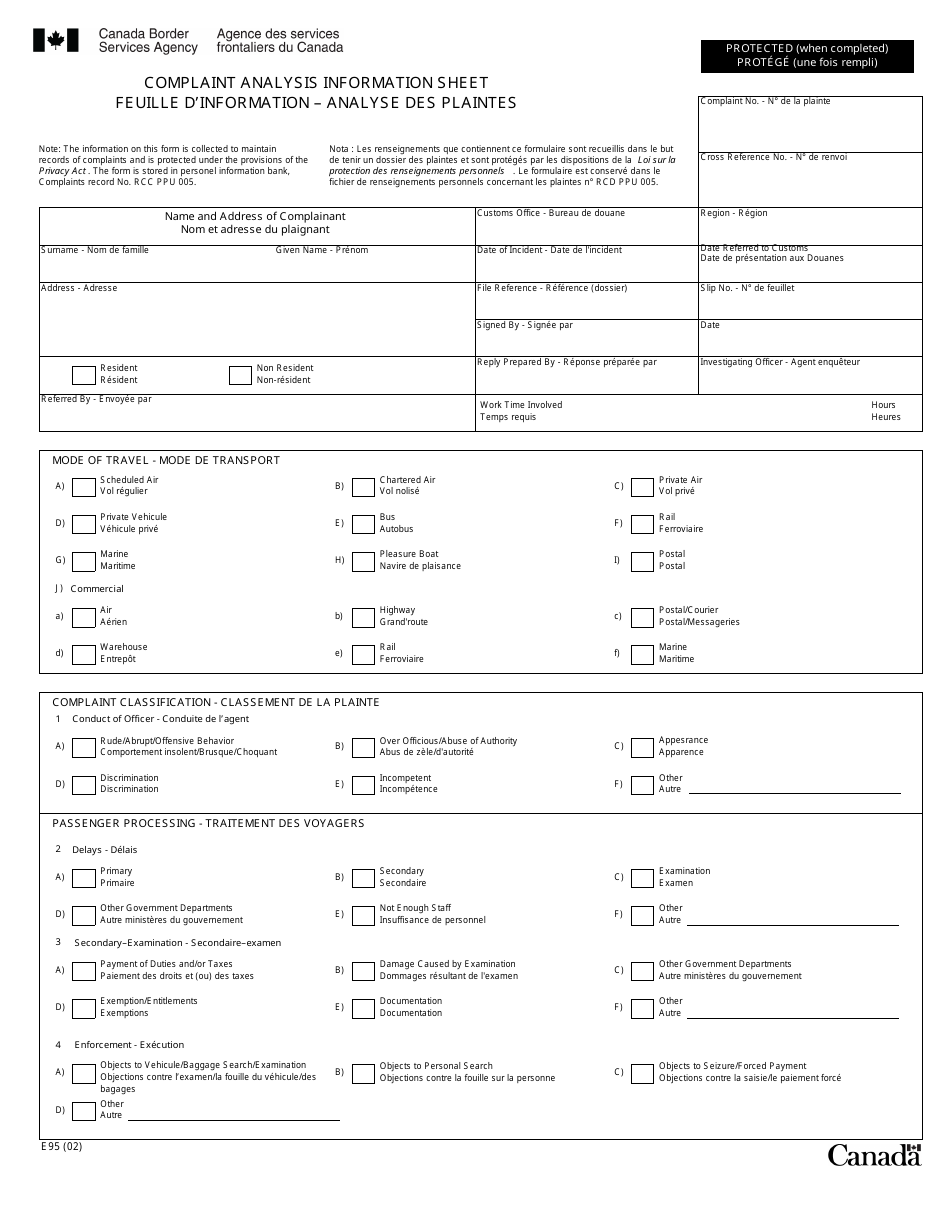 Form E95 Complaint Analysis Information Sheet - Canada (English / French), Page 1