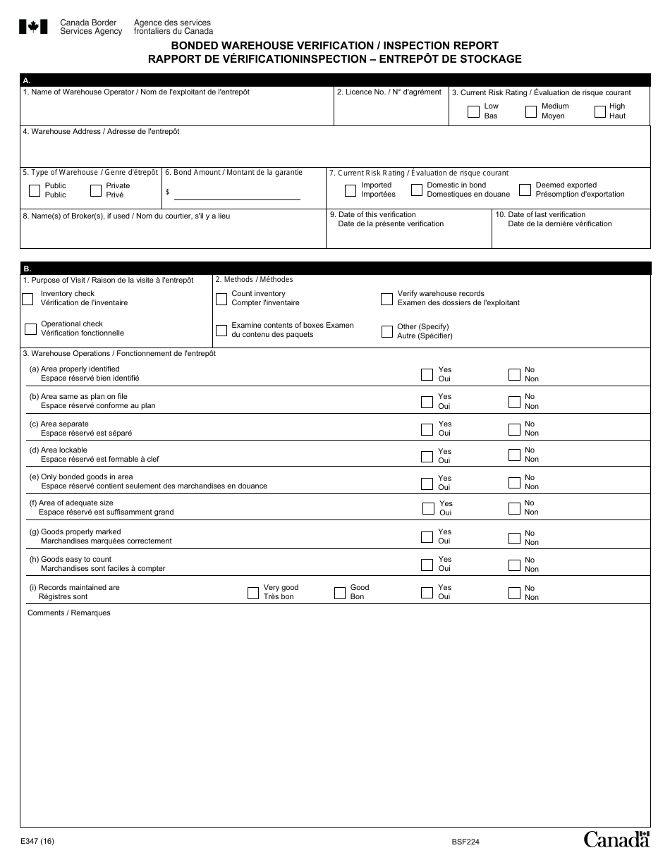 Form E347 Bonded Warehouse Verification / Inspection Report - Canada (English / French), Page 1