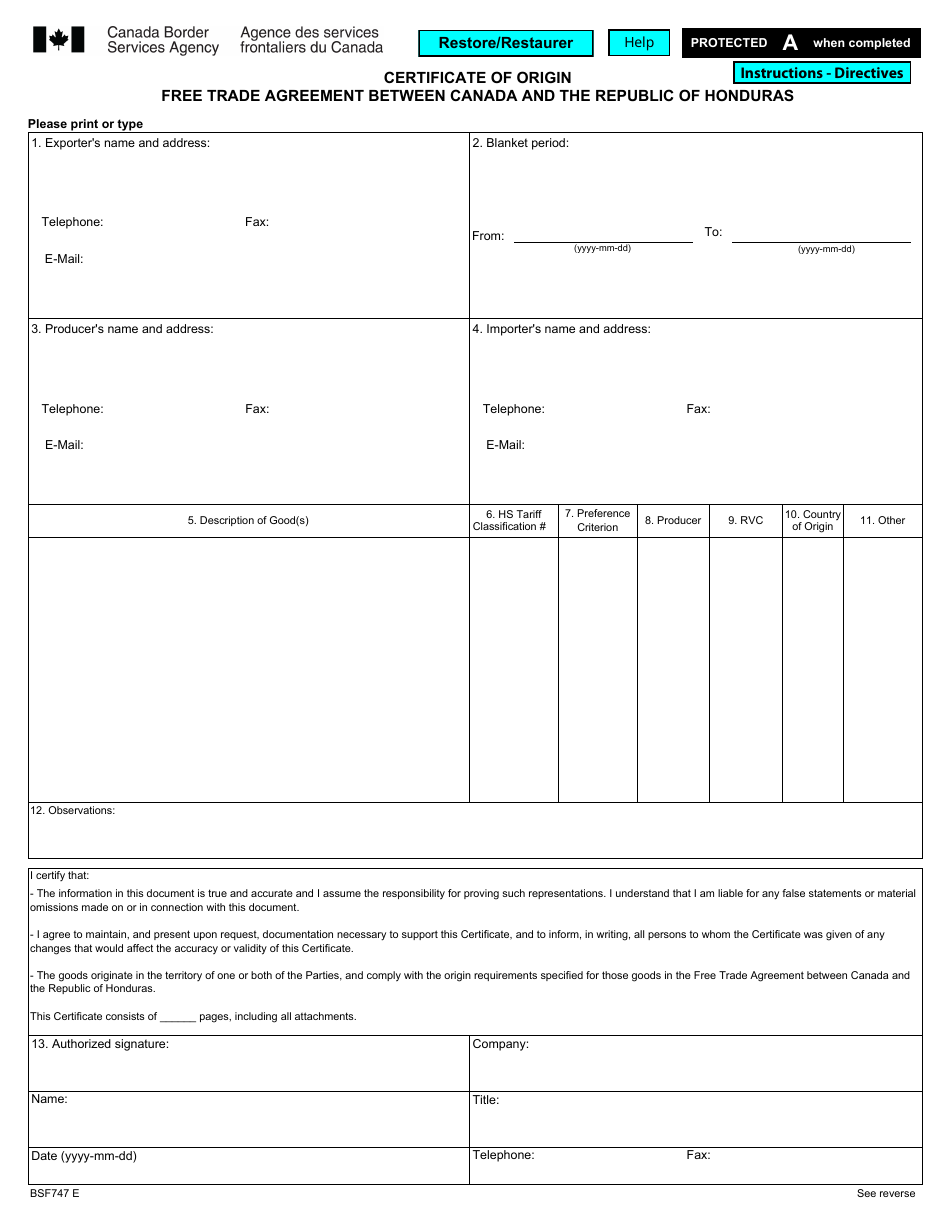 Form BSF747 Certificate of Origin - Free Trade Agreement Between Canada and the Republic of Honduras - Canada, Page 1