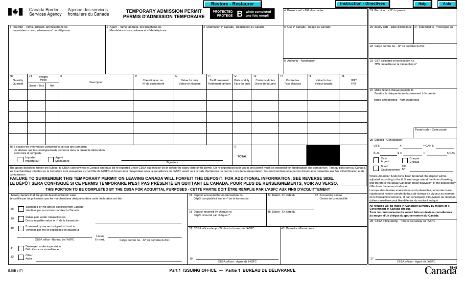 Form E29B - Fill Out, Sign Online and Download Fillable PDF, Canada ...