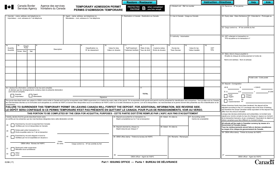 Form E29B Temporary Admission Permit - Canada (English / French), Page 1