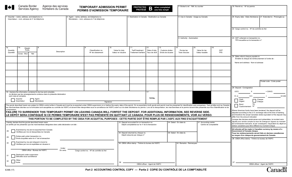 Form E29B Temporary Admission Permit - Canada (English / French), Page 2