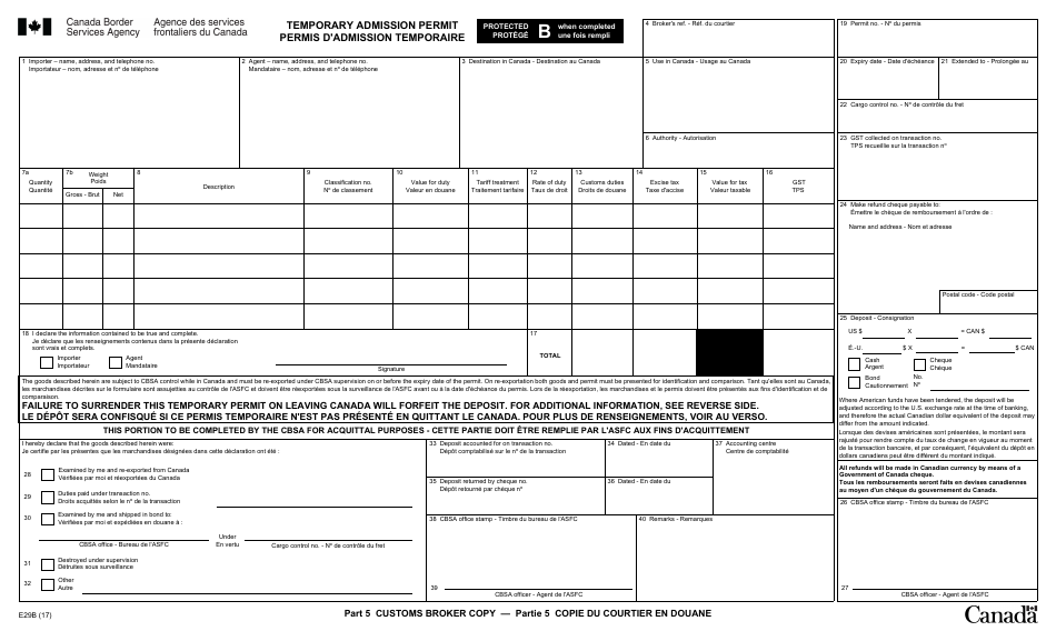 Form E29B Temporary Admission Permit - Canada (English / French), Page 5