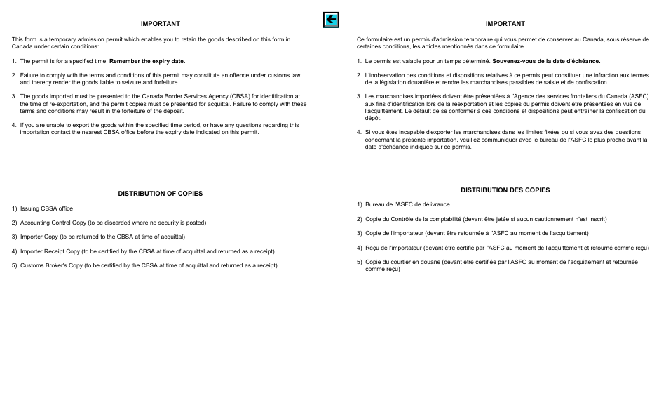Form E29B Temporary Admission Permit - Canada (English / French), Page 6